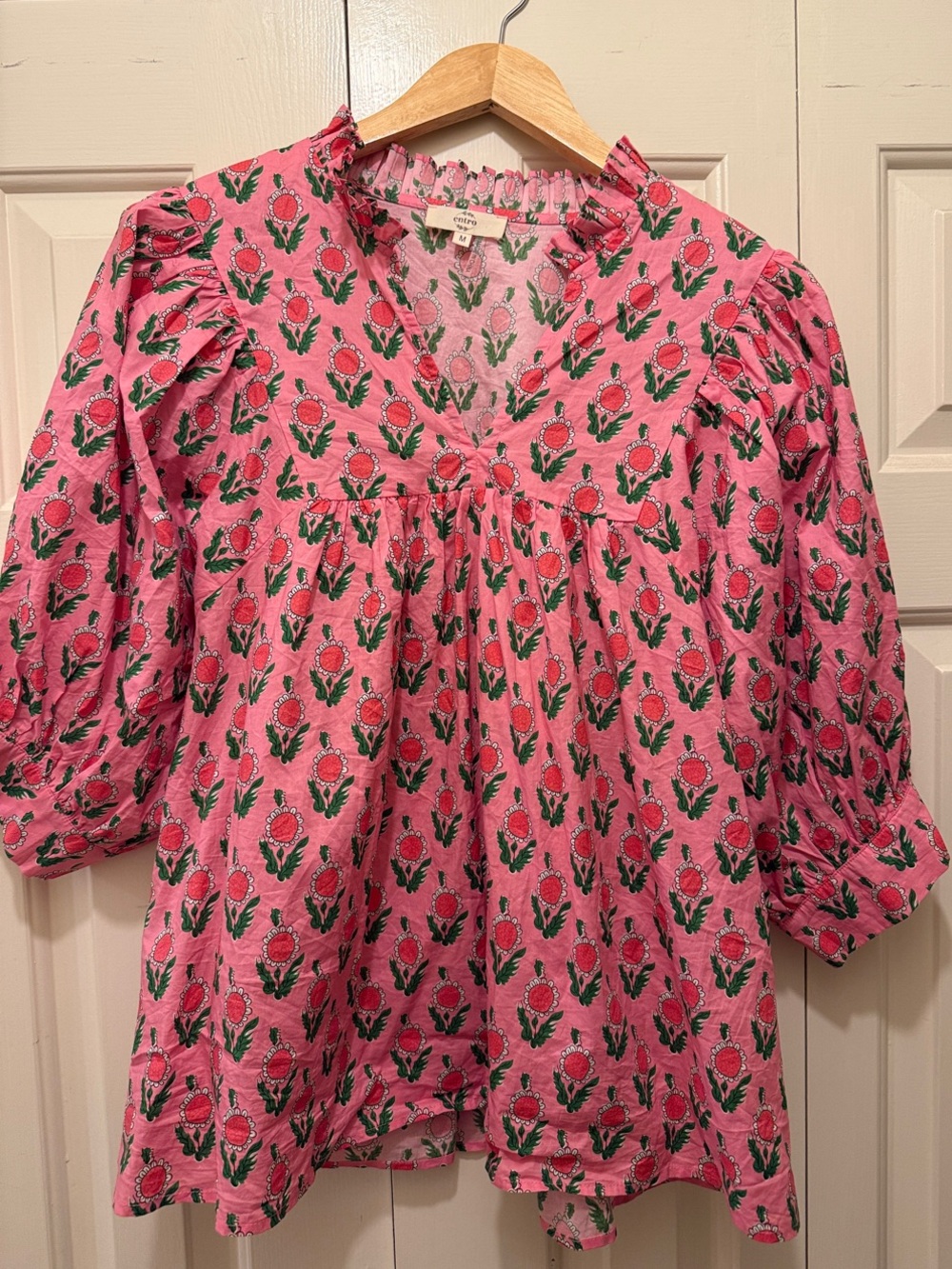 entro Pink Floral Ruffle-Neck Blouse with Green Accents